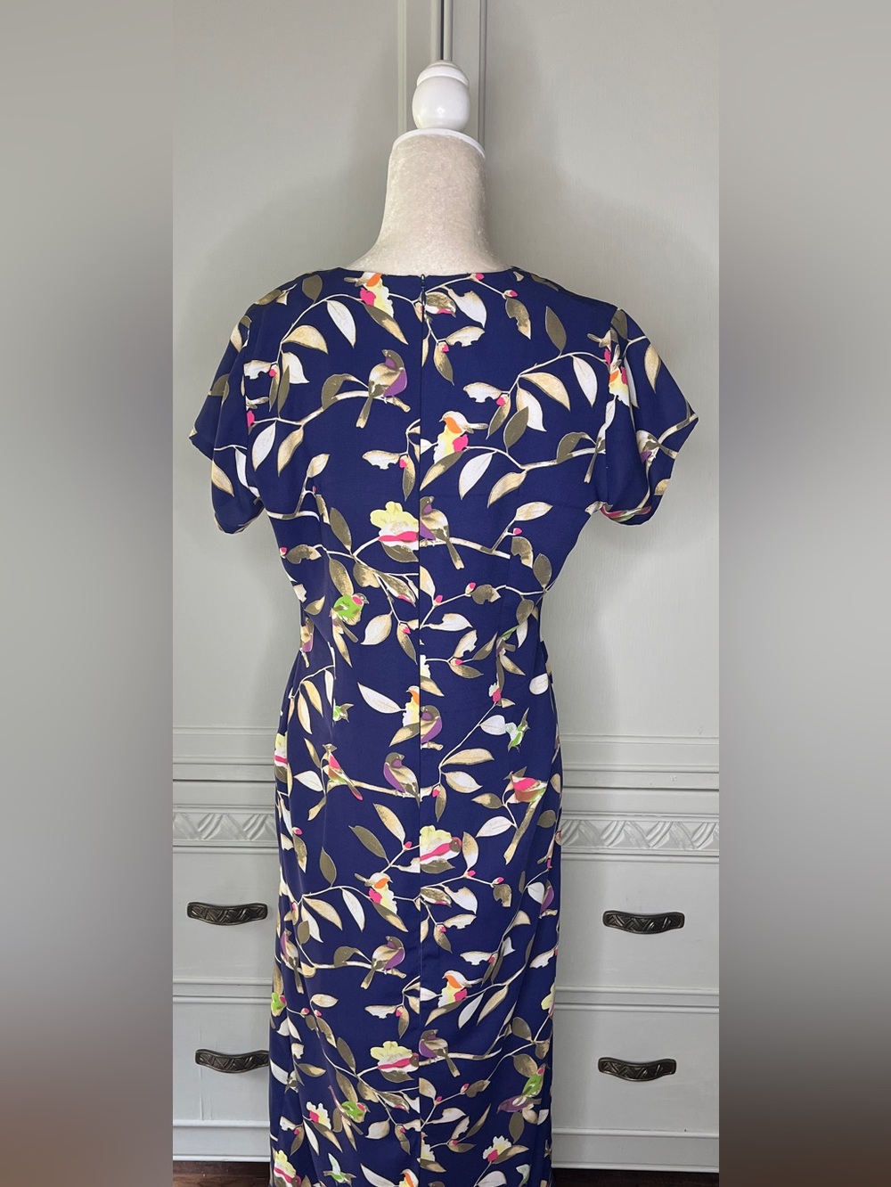 Navy Floral-Print Midi Dress with Short Sleeves